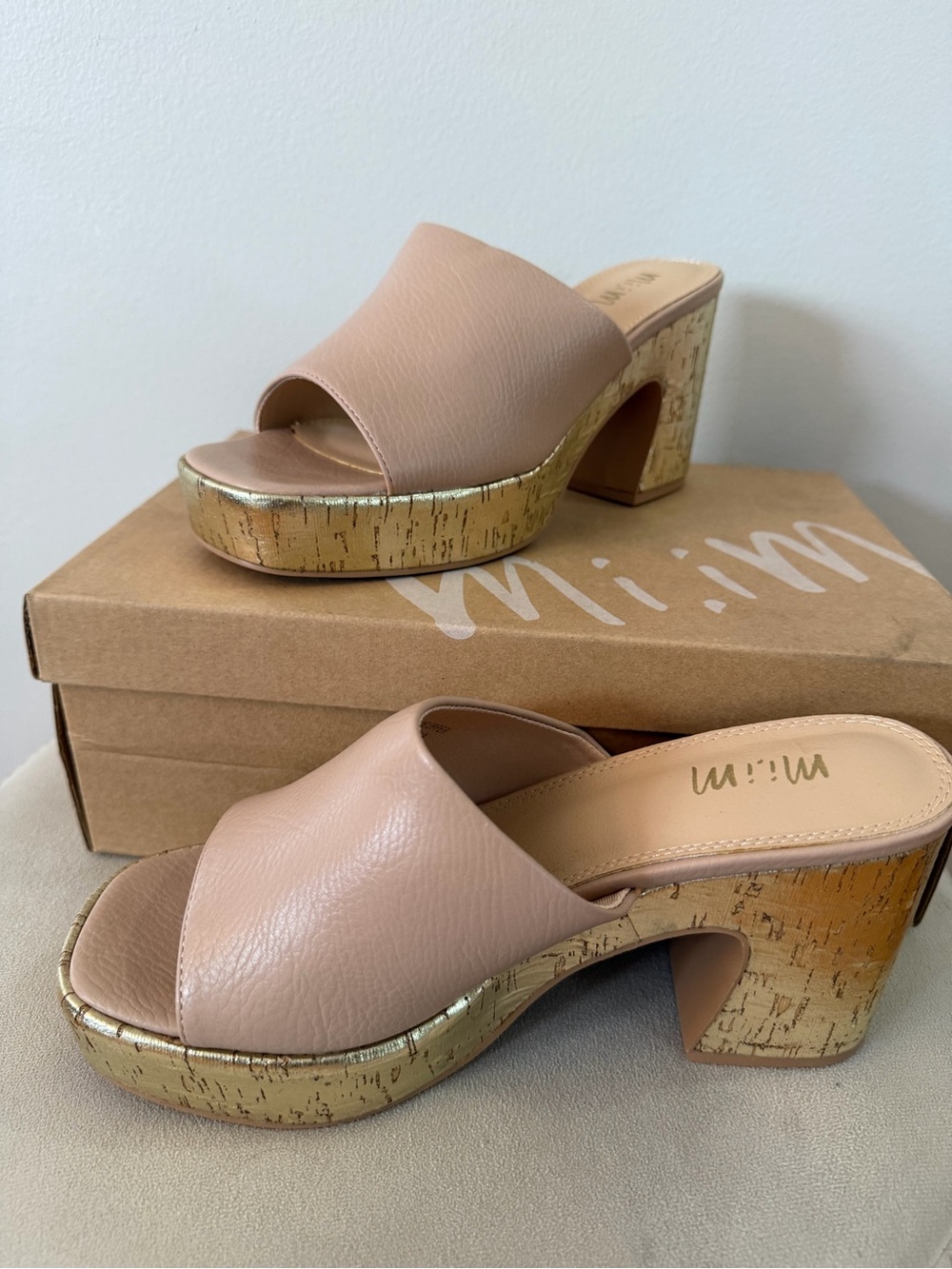 Mi.iM Los Angeles Nude Gold Cork Platform Slide Heels Summer Clog Resort Sandal